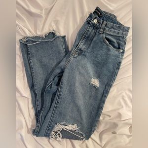Vintage Wash High Rise Ripped Straight Leg jeans